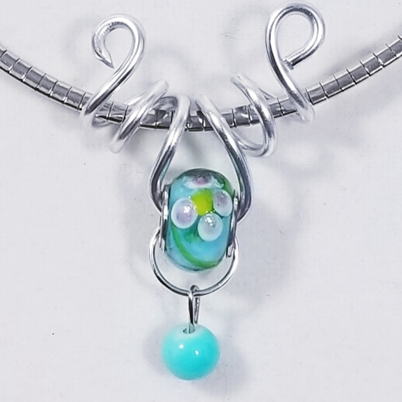 AIR Artsy Accessories Jewelry - Aluminum Silver Spiral Pendant Aqua Blue Lampwork